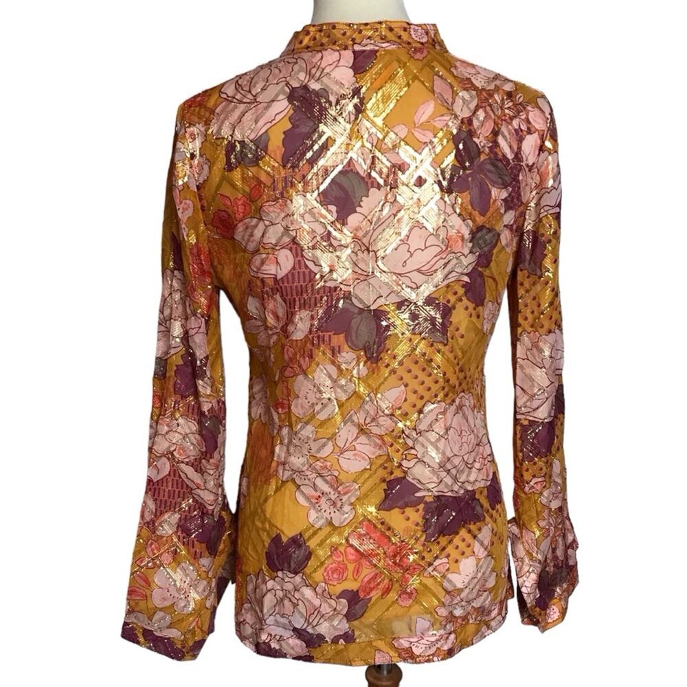 Tory Burch Metallic Silk Gold Orange Yellow Long Flutter Sleeve Tunic Blouse 6 - Picture 8 of 13